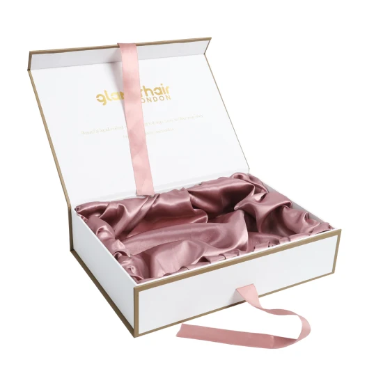 Caja de regalo de papel de embalaje con forro de satén personalizado magnético para extensiones de cabello con cinta